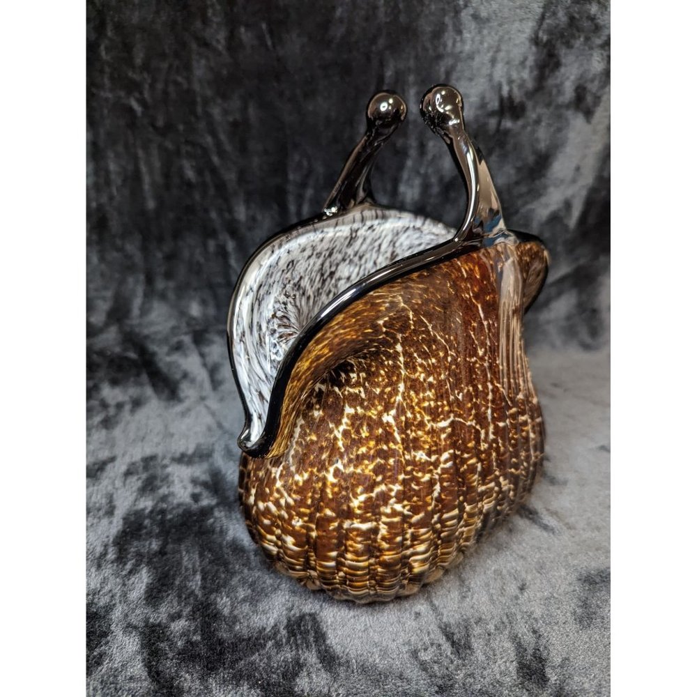 Murano Glass Purse Vase with Brown crackly pattern and Black trim